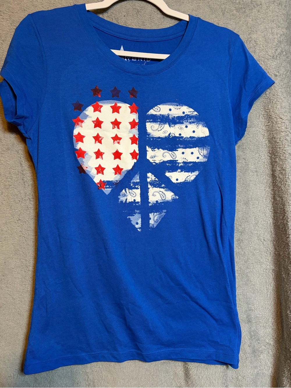 Hybrid Apparel Royal Blue Short-Sleeve Tee with Red and White Heart Design